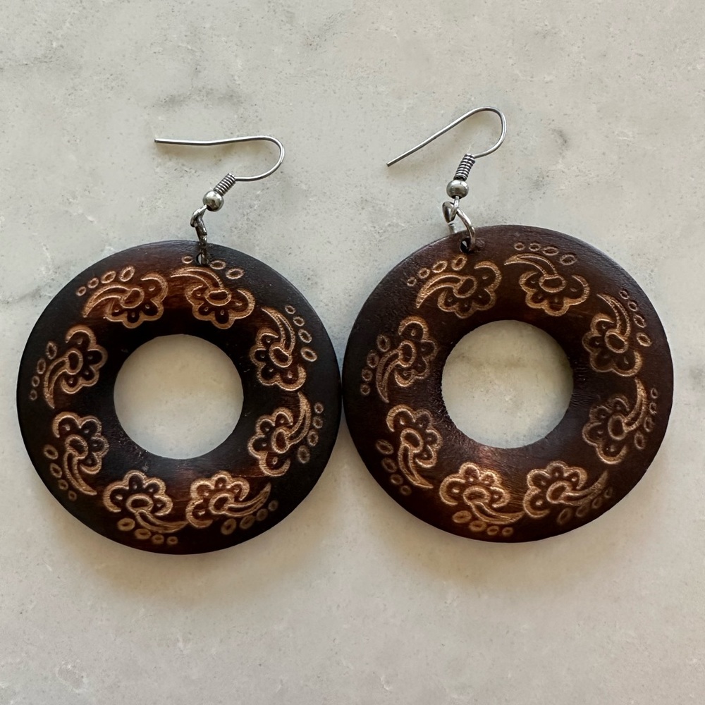 Dark wood earrings with design. Made in Ghana, Africa